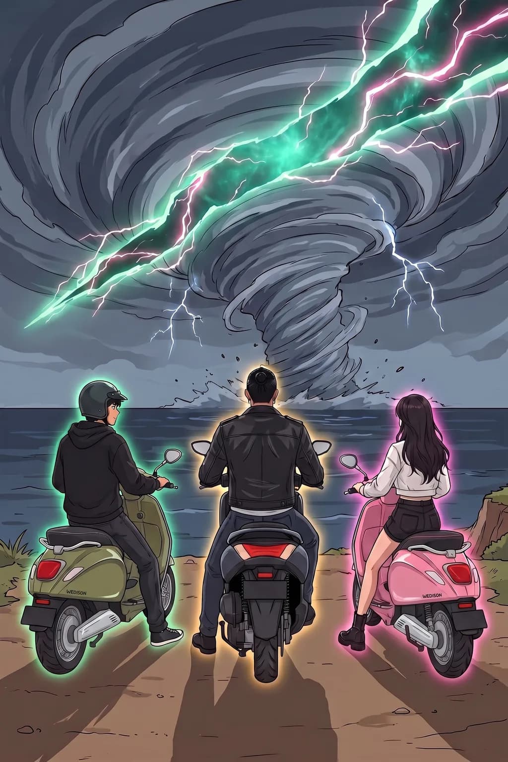 Arya, Dewa and Sekar on their Wedison bikes facing a giant storm over the sea at Uluwatu